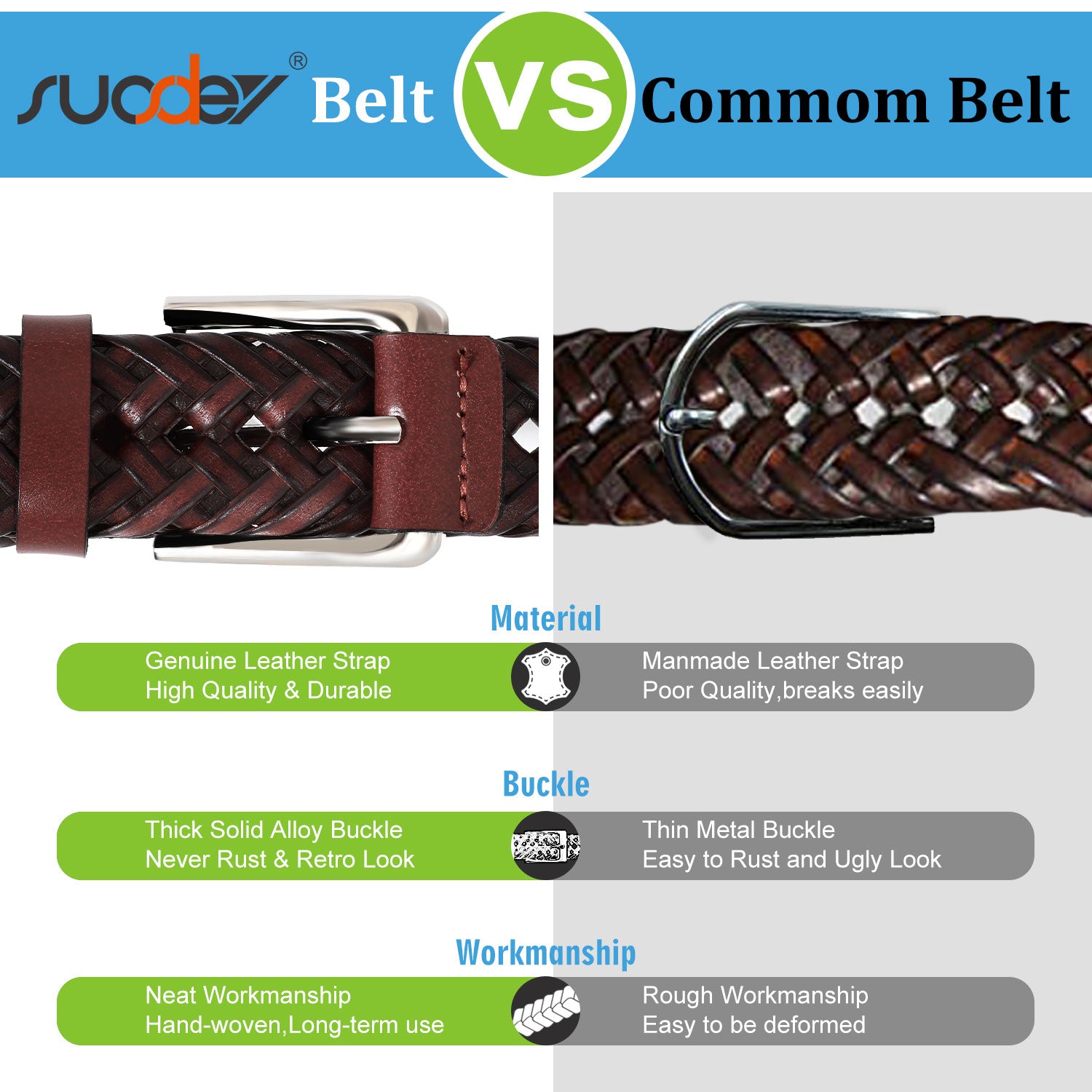 Men’s Leather Braided Belt Cowhide Leather Woven Belt for Jeans - JASGOOD OFFICIAL