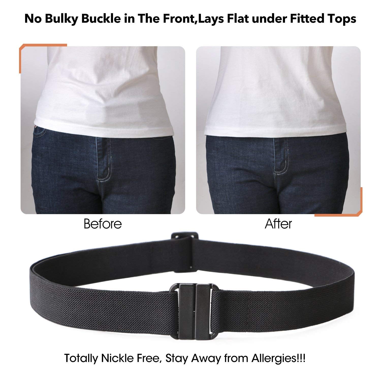 No Show Women Stretch Belt Invisible Elastic Web Strap Belt with Flat Buckle for Jeans Pants Dresses
