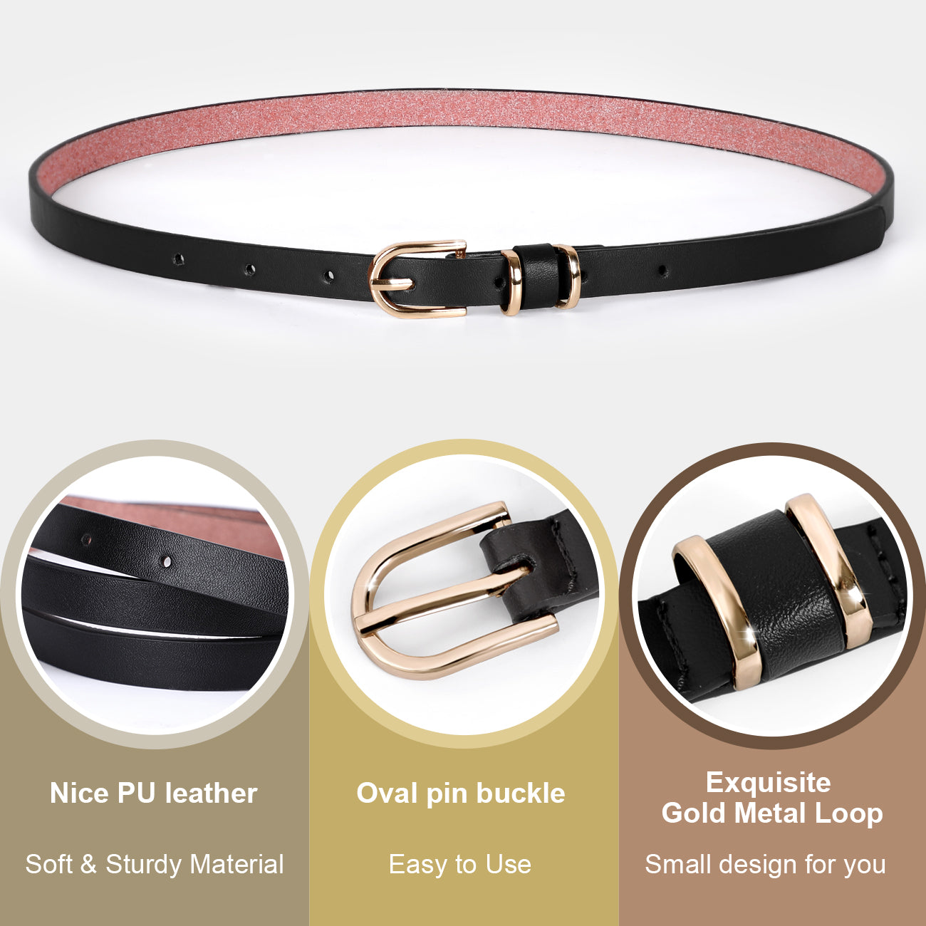 JASGOOD Women's Skinny PU Leather Belt Solid Color Thin Waist Belt with Gold Buckle for Jeans Pants 1/2 Width