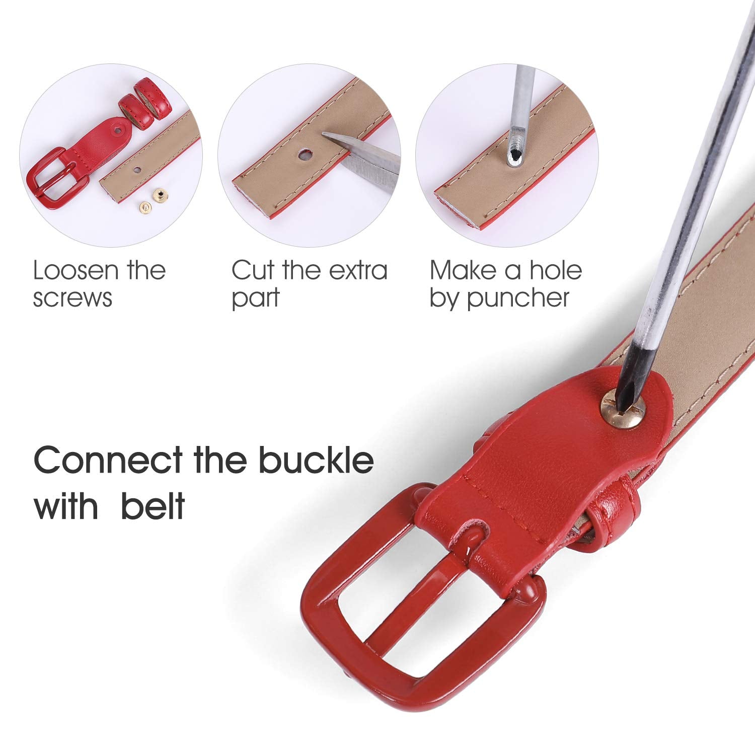 Women Skinny Leather Belt Thin Waist Jeans Belt for Pants in Pin Buckle Belt by WHIPPY, Red, Pants Size 30-35 inches