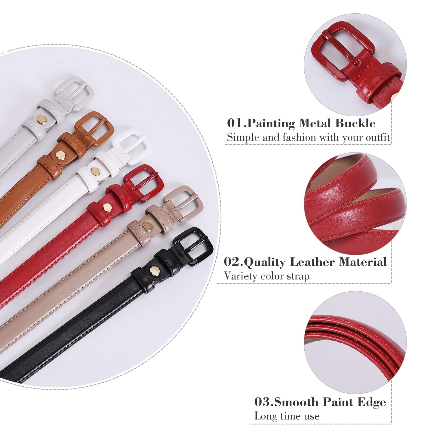 Women Skinny Leather Belt Thin Waist Jeans Belt for Pants in Pin Buckle Belt by WHIPPY, Red, Pants Size 30-35 inches