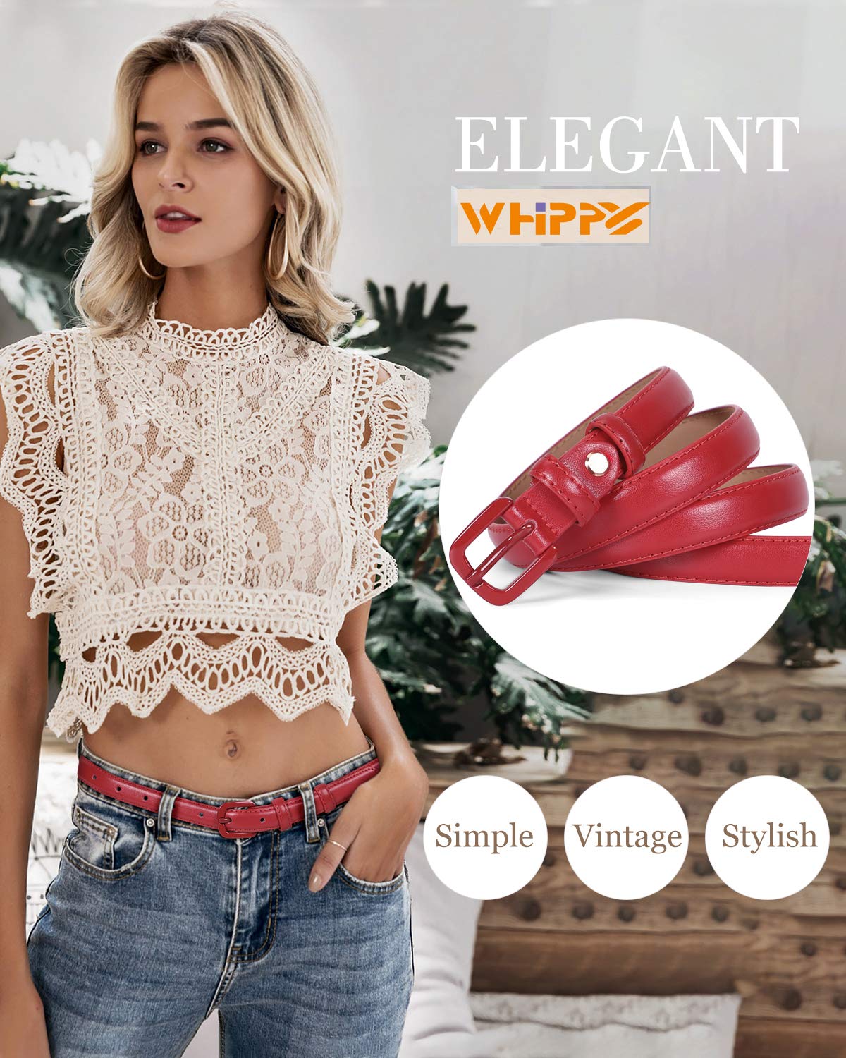 Women Skinny Leather Belt Thin Waist Jeans Belt for Pants in Pin Buckle Belt by WHIPPY, Red, Pants Size 30-35 inches