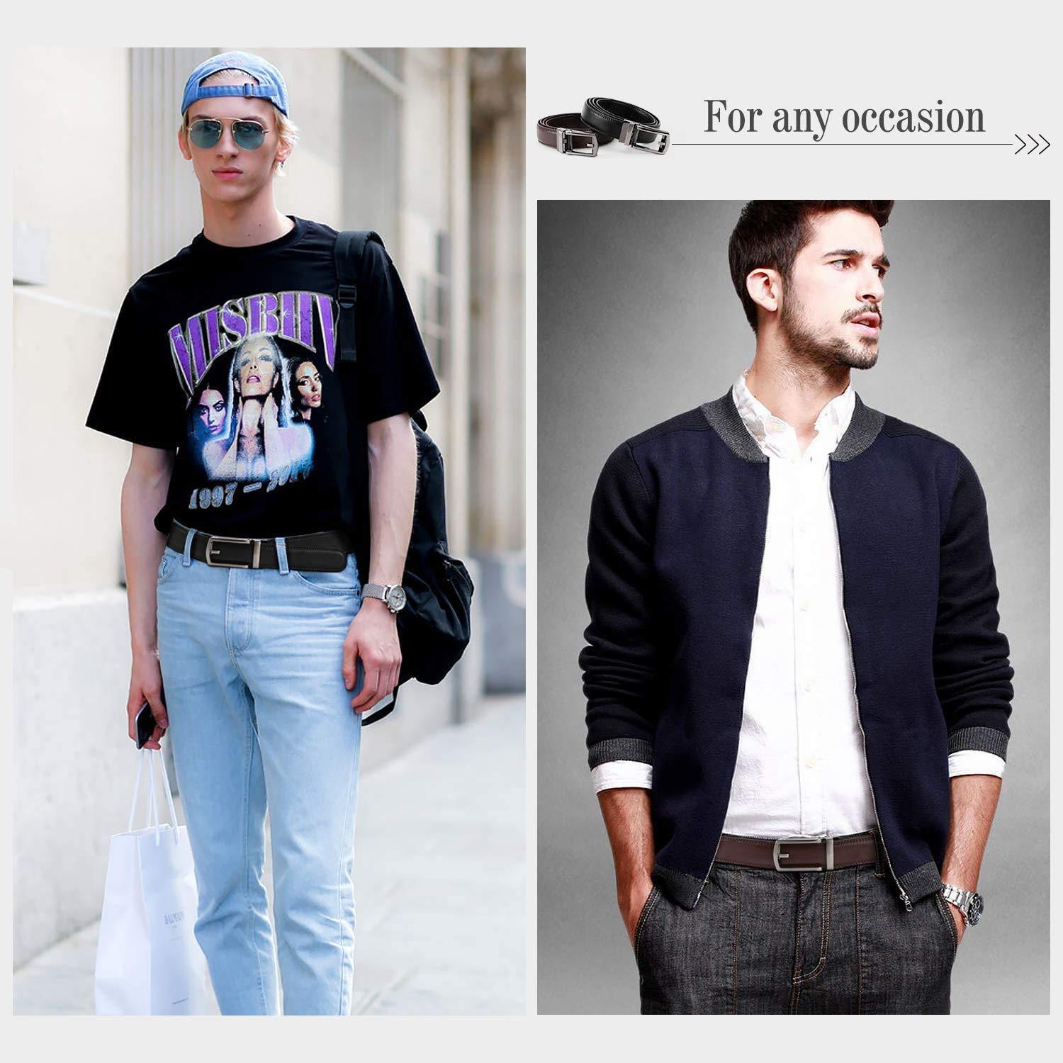 Set of 2 Leather Ratchet Dress Belt for Men Perfect Fit Waist Size 22-50 inches with Automatic Buckle - JASGOOD OFFICIAL