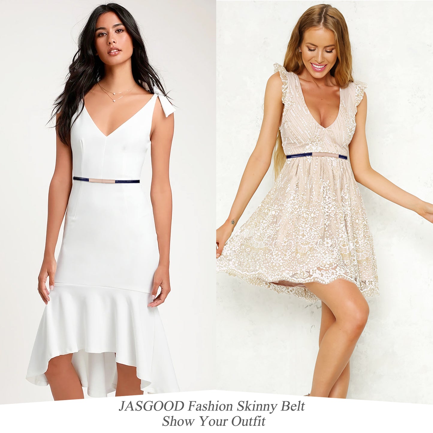 Women’s Skinny Blue Leather Belt Adjustable Slim Waist Belt with Gold Alloy Buckle for Dress By JASGOOD