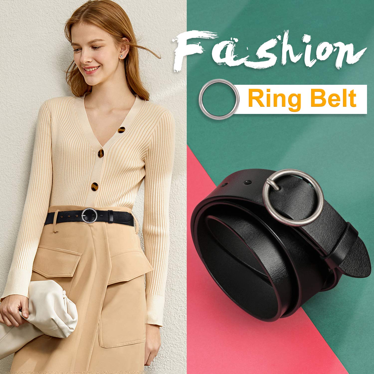 Women Casual Dress Belt Fashion Leather Belt with O Ring Buckle for Jeans Pants - JASGOOD OFFICIAL