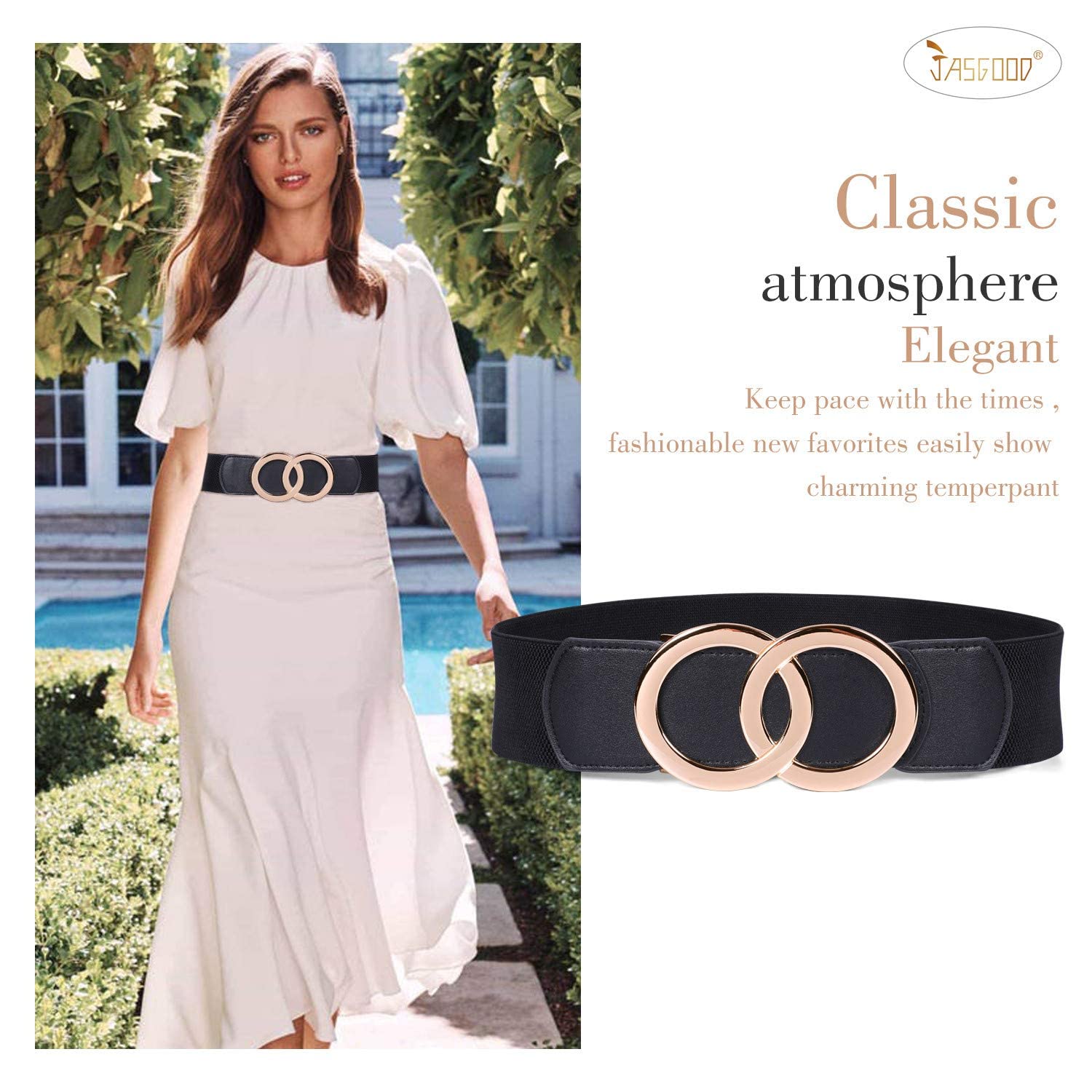 JASGOOD Women Stretchy Wide Waist Belts, Ladies Elastic Belt for Dresses Double Ring Buckle - JASGOOD OFFICIAL