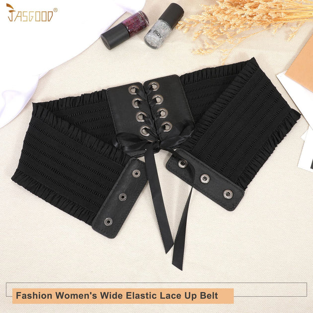 JASGOOD Women Stretchy Belt for Dresses Vintage Elastic Wide Waist Belt,A-Black+Brown+Beige+Red,  Suit for waist size 25-28 Inches : : Clothing, Shoes & Accessories