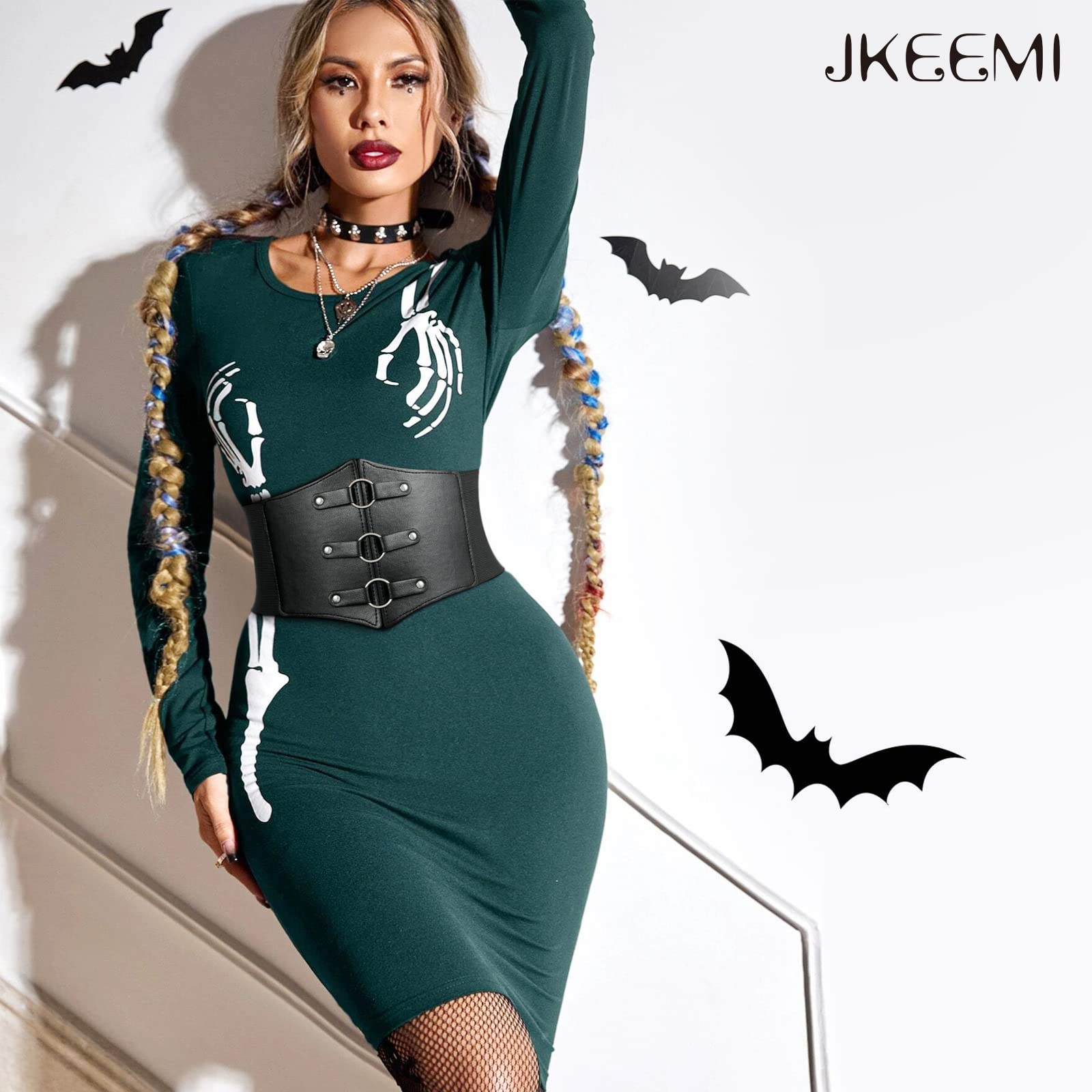 Women Corset Belt Metal O-Ring Decor Wide Elastic Belt for Daily Dress Cosplay Halloween Costumes - JASGOOD OFFICIAL