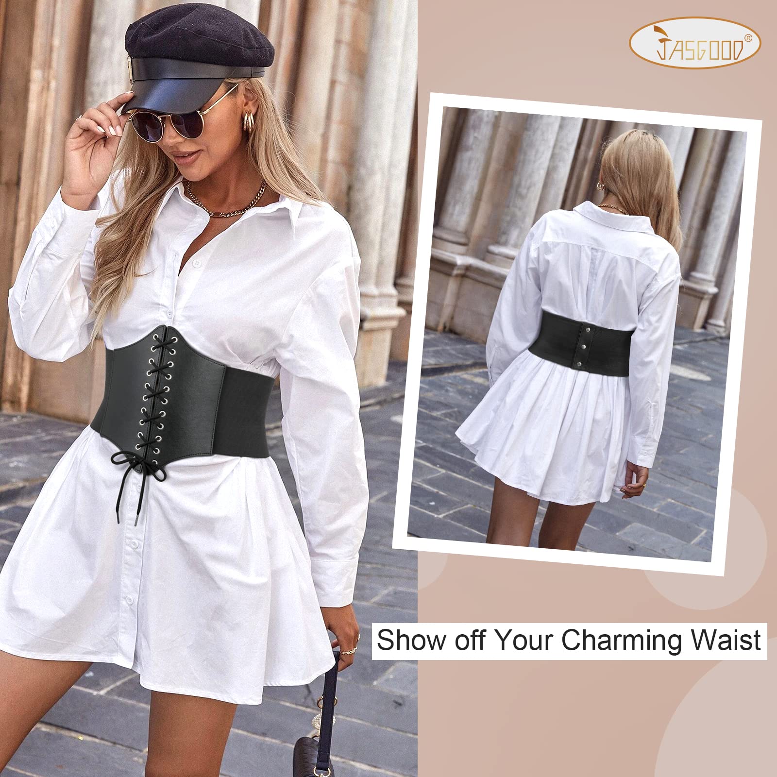 Women Corset Cinch Belt Lace-up Elastic Waist Belt, Tied Costume Waspie Waist Belt for Women 5.9" Width - JASGOOD OFFICIAL