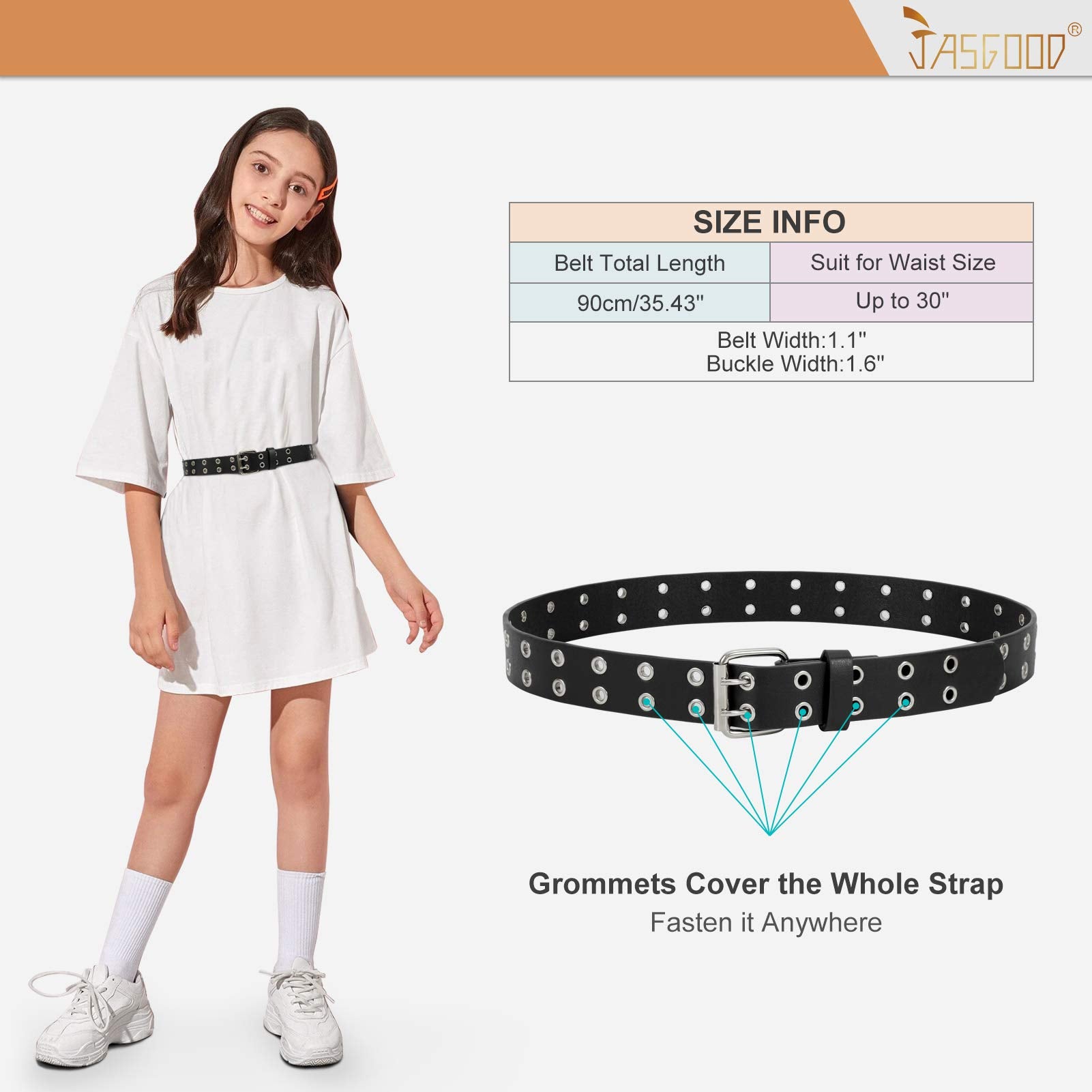 JASGOOD Kids Double Grommet Belt for Girls and Boys, PU Leather Kids Double Studded Holes Belt for Jeans Pants - JASGOOD OFFICIAL