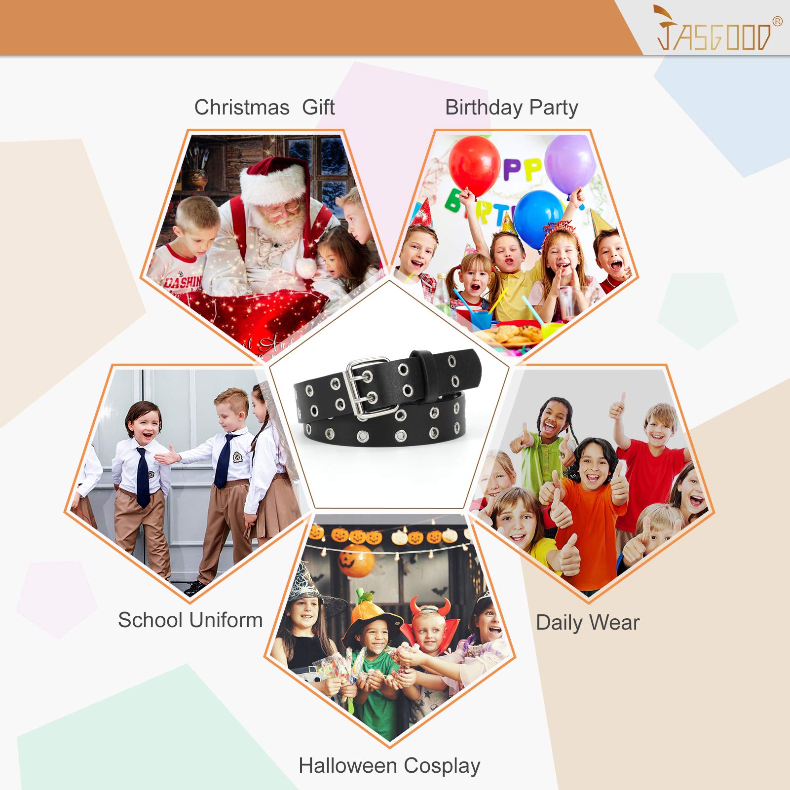 JASGOOD Kids Double Grommet Belt for Girls and Boys, PU Leather Kids Double Studded Holes Belt for Jeans Pants - JASGOOD OFFICIAL