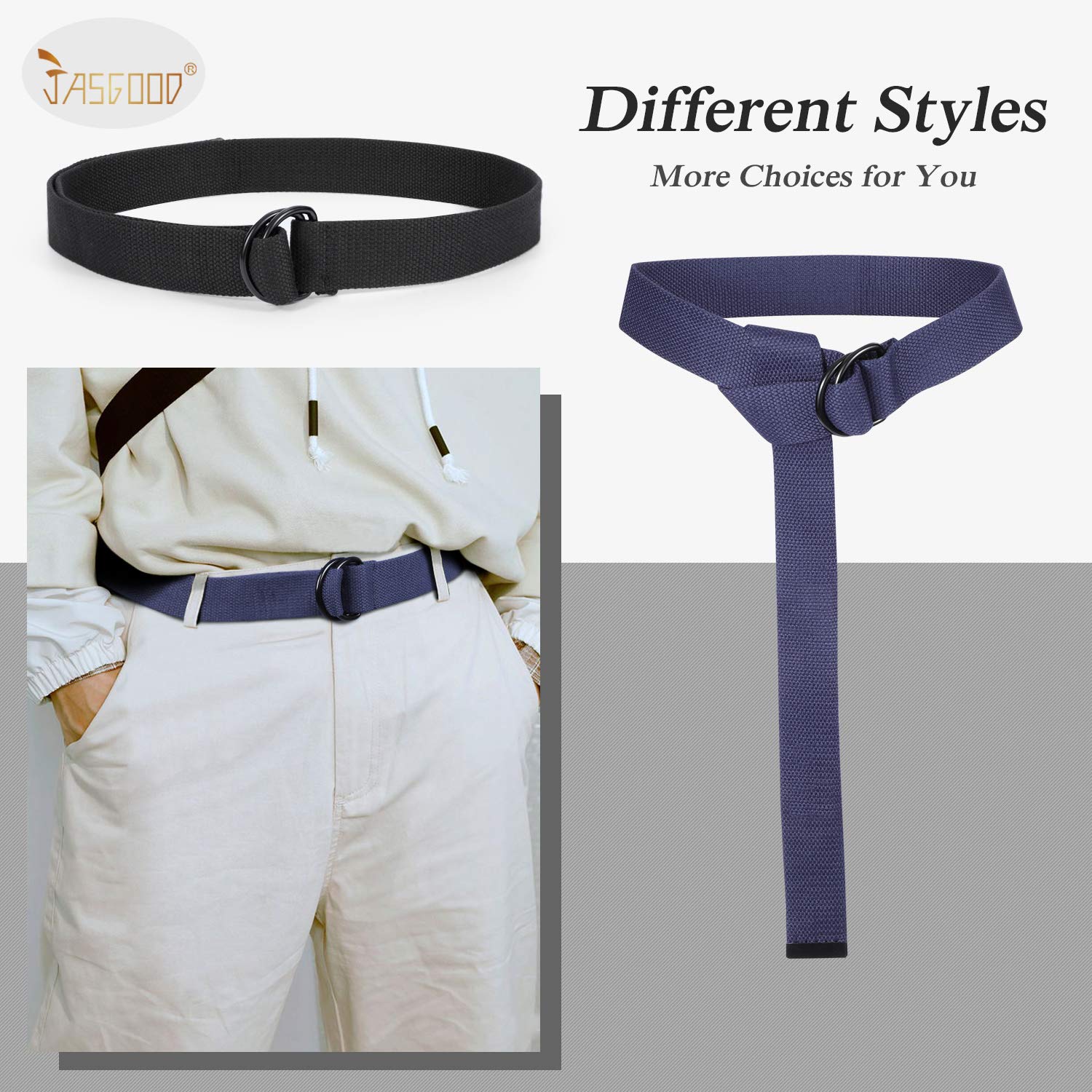 JASGOOD Men Women Canvas Belt Web Fabric Casual Belt with Black Double D-ring 1 1/2" Wide Set of 2 - JASGOOD OFFICIAL