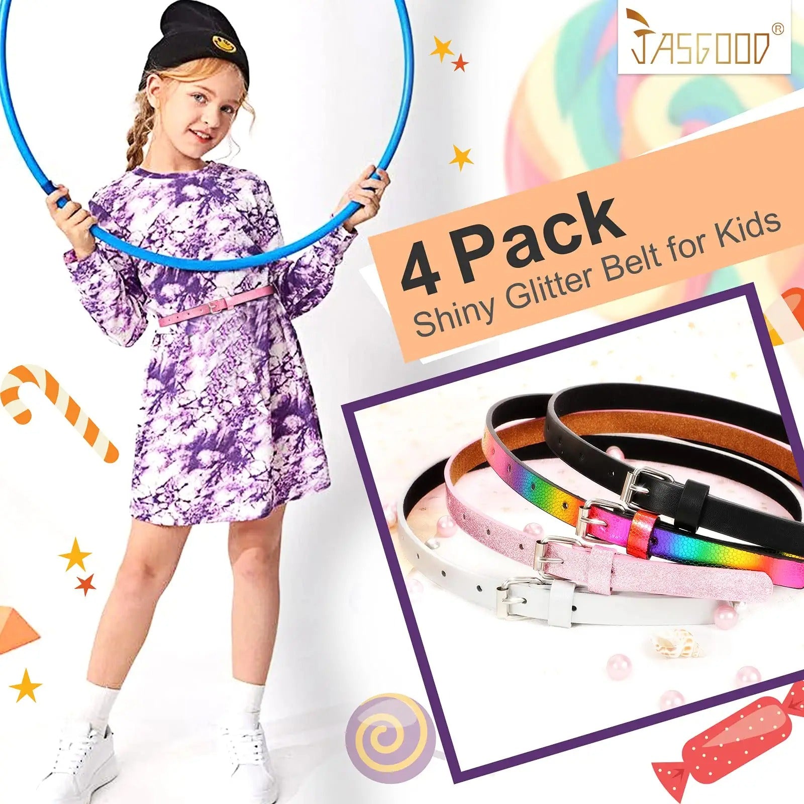 4 Pack 3 Pack 2 Pack Kids Belt Fashion Glitter Belt, Cute Shiny PU Leather Belt for Girls and Boys Back to School Gift - JASGOOD OFFICIAL
