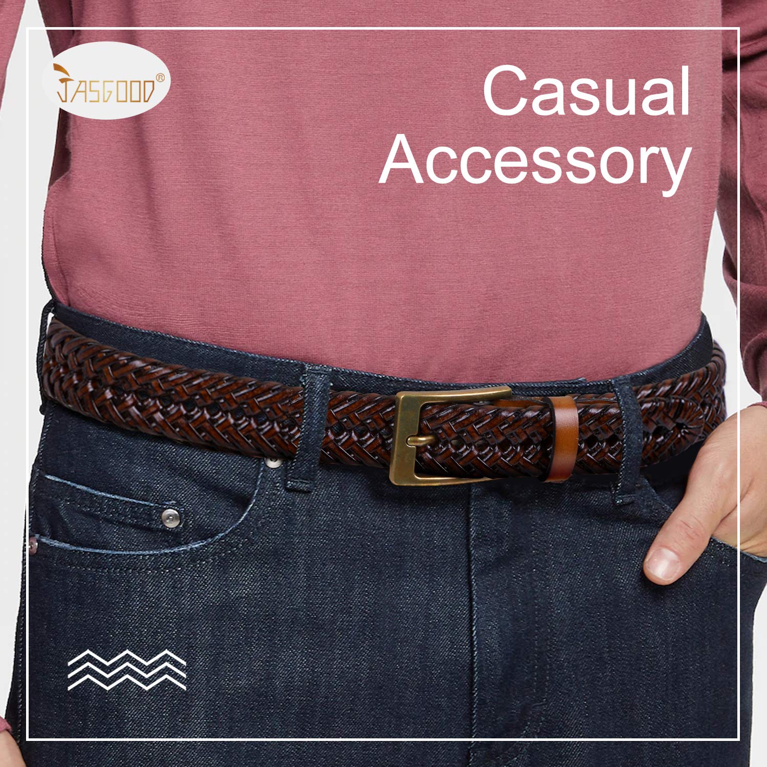 JASGOOD Men's Braided Leather Belt Braided Woven Belt for Men Casual Jeans with Solid Strap Single Prong Buckle - JASGOOD OFFICIAL