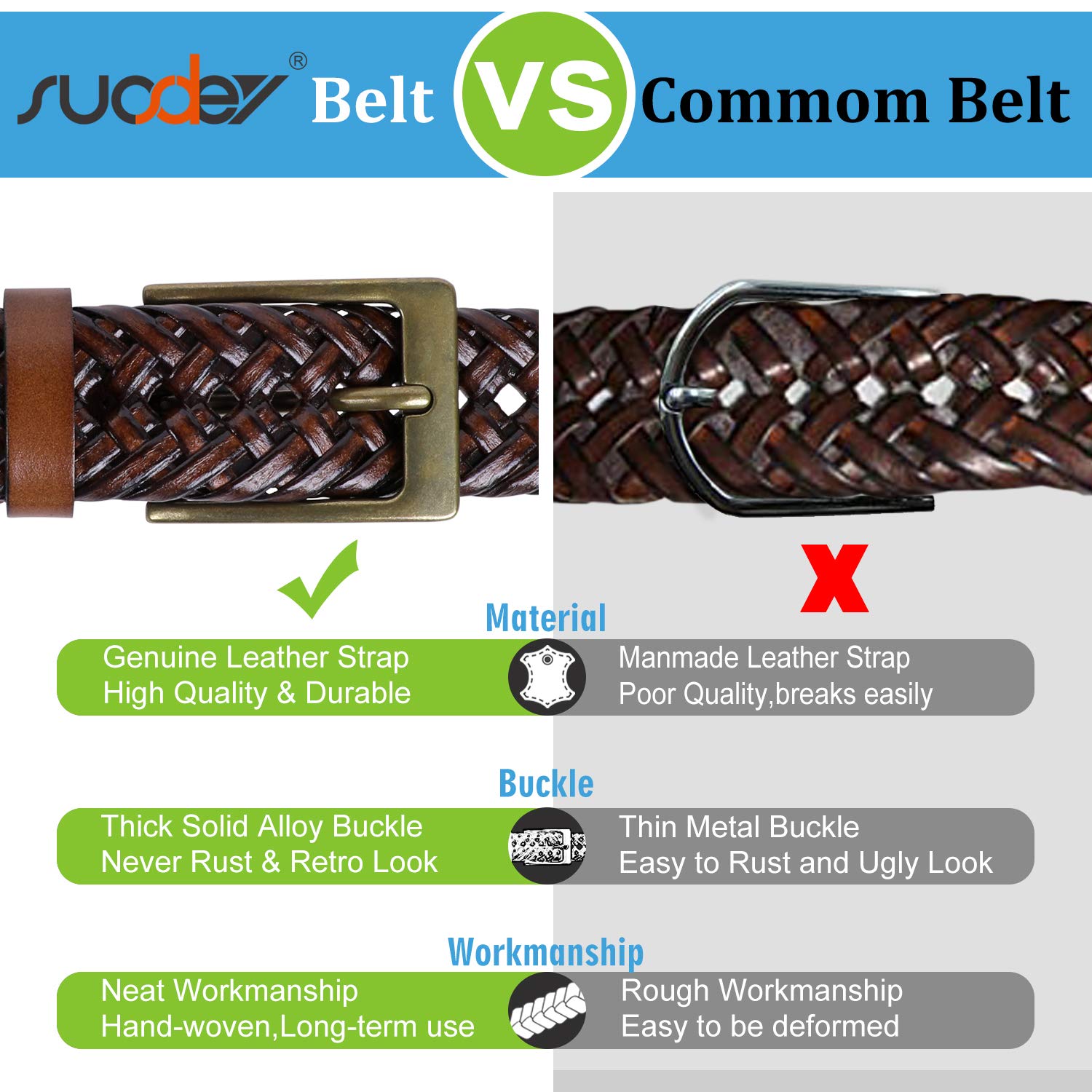 Mens Braided Leather Belt Genuine Cowhide Woven Leather Belt for Casual Jeans Pants with Solid Prong Buckle Christmas Gift - JASGOOD OFFICIAL