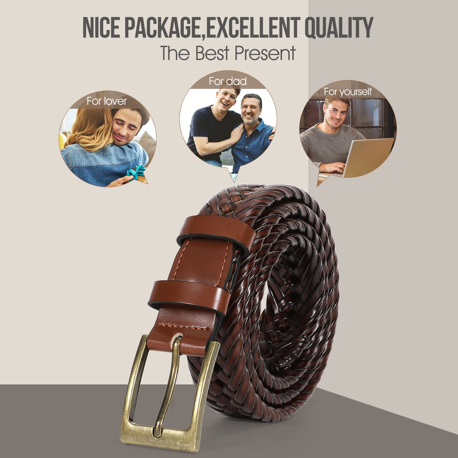 Mens Braided Leather Belt Genuine Cowhide Woven Leather Belt for Casual Jeans Pants with Solid Prong Buckle Christmas Gift - JASGOOD OFFICIAL