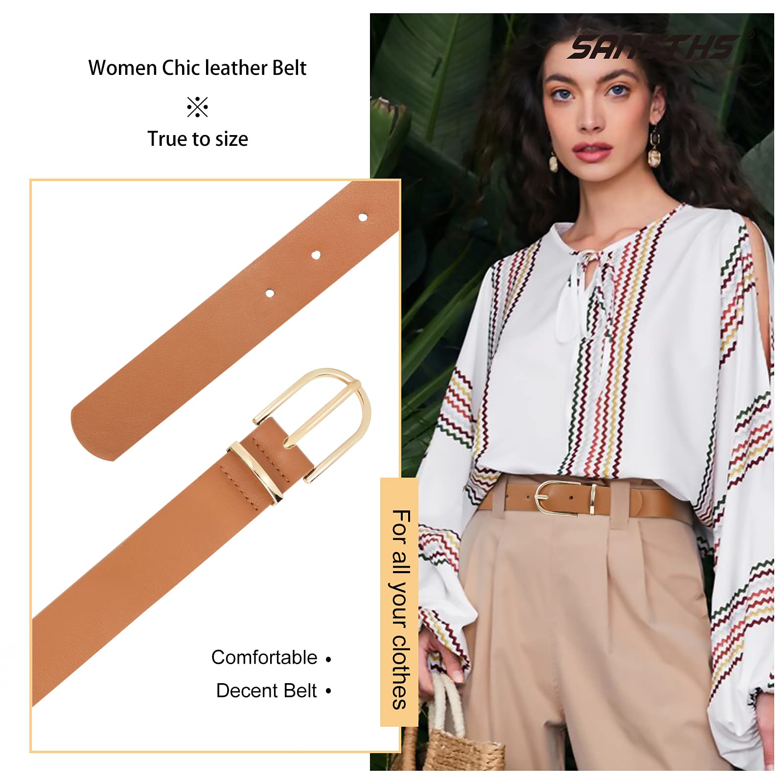 Women Leather belt Faux leather Chic Belt for Jeans Solid Color with Long Gold Curved Pin Buckle - JASGOOD OFFICIAL