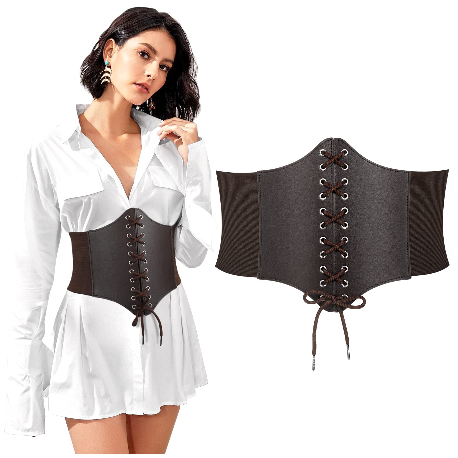 Women Corset Cinch Belt Lace-up Elastic Waist Belt, Tied Costume Waspie Waist Belt for Women 5.9" Width - JASGOOD OFFICIAL
