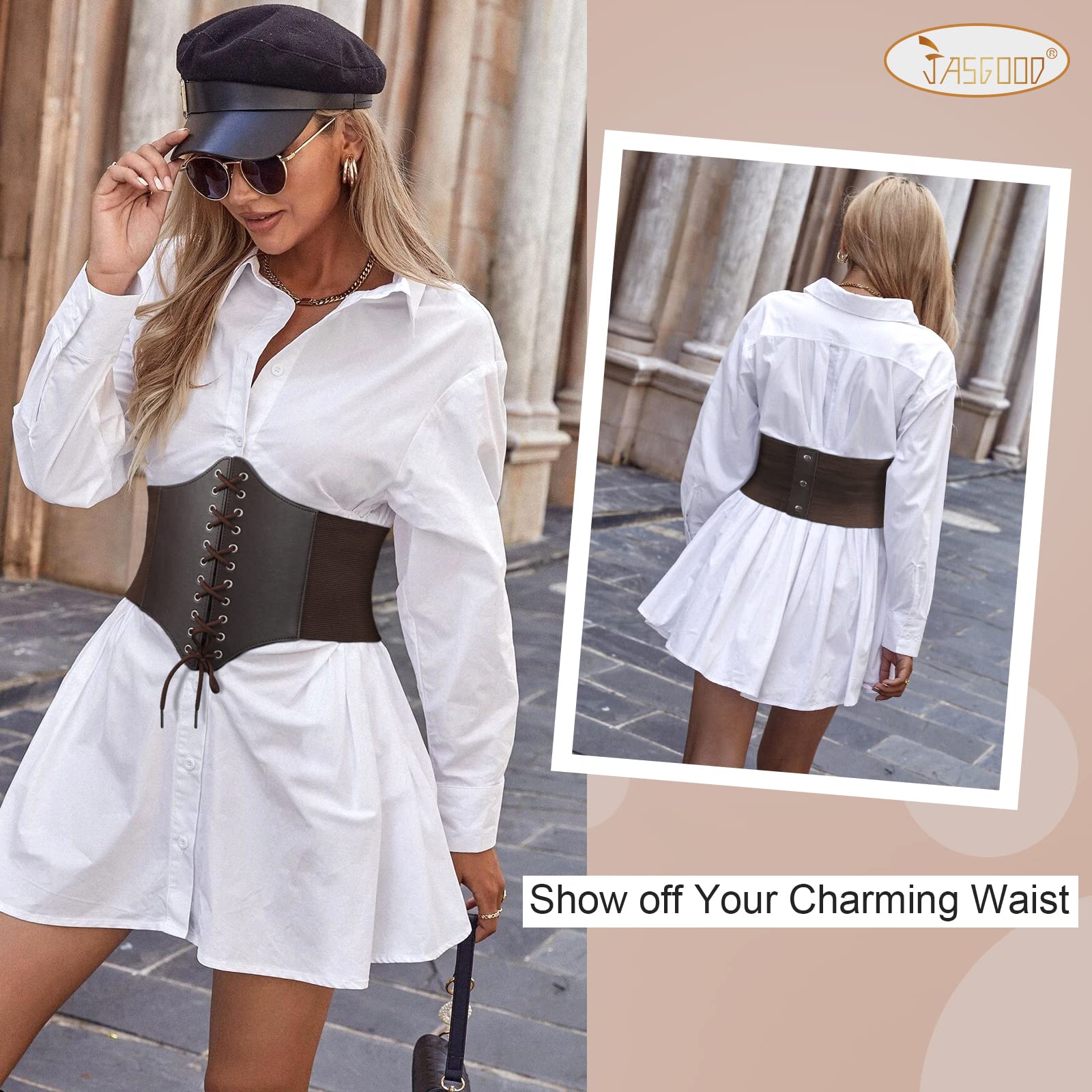 Women Corset Cinch Belt Lace-up Elastic Waist Belt, Tied Costume Waspie Waist Belt for Women 5.9" Width - JASGOOD OFFICIAL