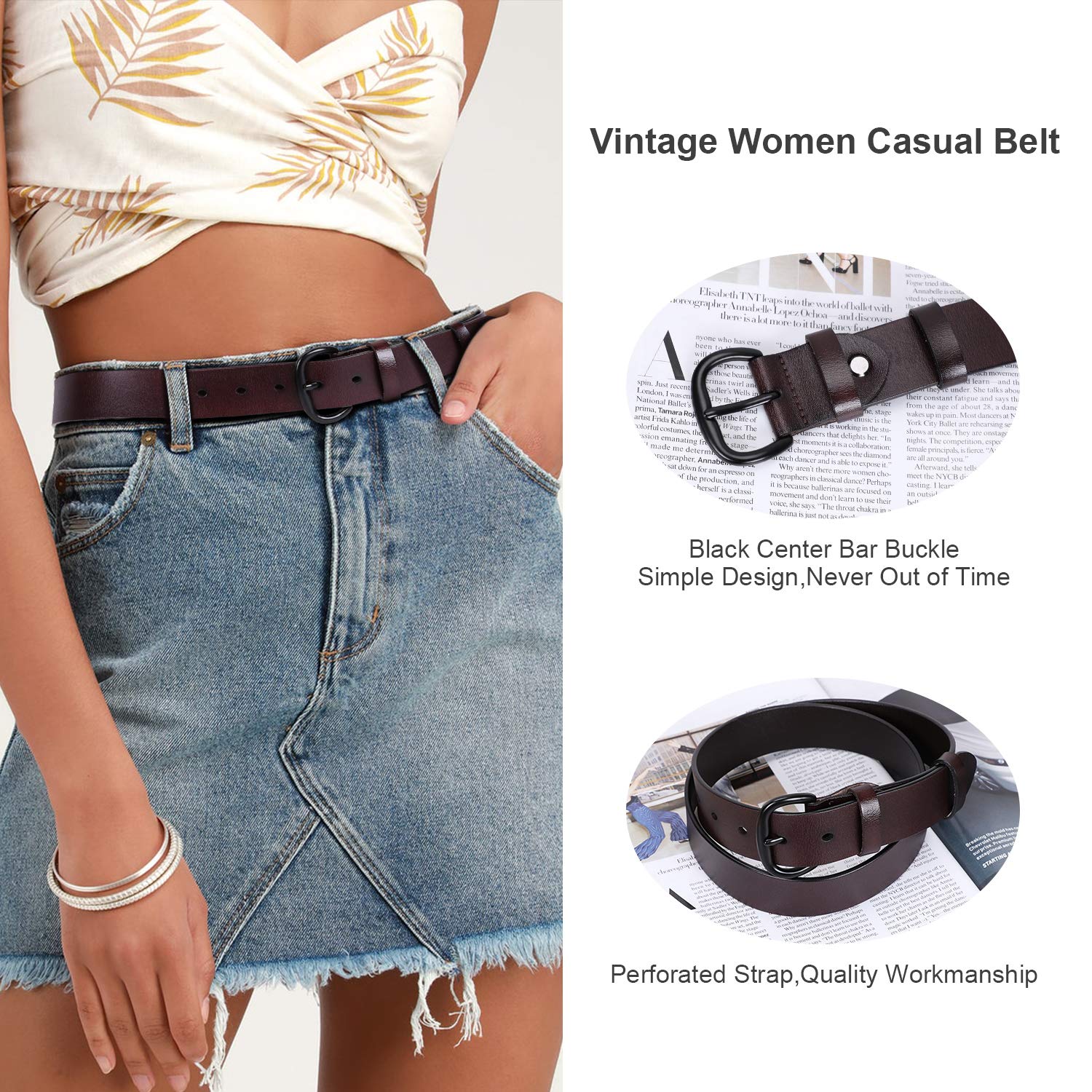 JASGOOD Women's Black Leather Jeans Belt Waist Casual Belt for Pants Shorts with Black Metal Buckle - JASGOOD OFFICIAL