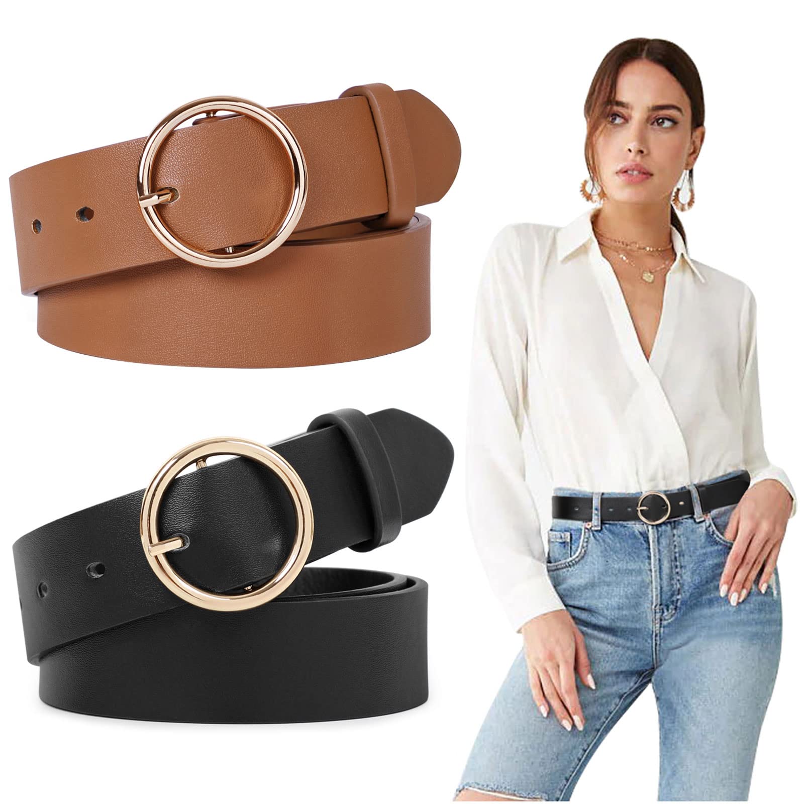 Women Leather Belts Fashion Soft Faux Leather Jeans Belts with O-Ring Buckle