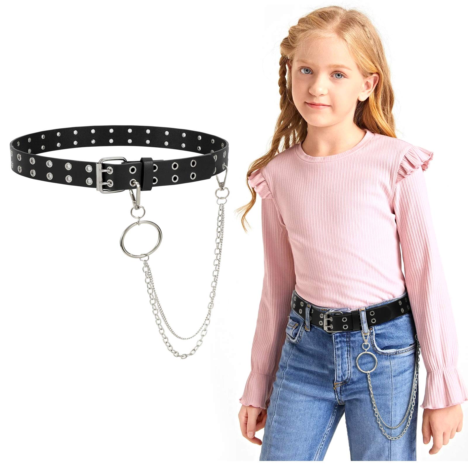 JASGOOD Kids Double Grommet Belt for Girls and Boys, PU Leather Kids Double Studded Holes Belt for Jeans Pants - JASGOOD OFFICIAL