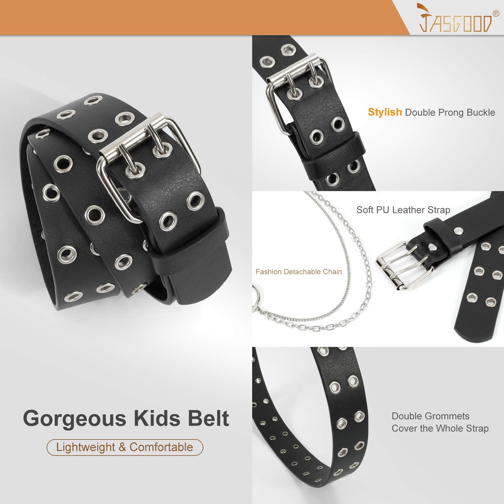 JASGOOD Kids Double Grommet Belt for Girls and Boys, PU Leather Kids Double Studded Holes Belt for Jeans Pants - JASGOOD OFFICIAL