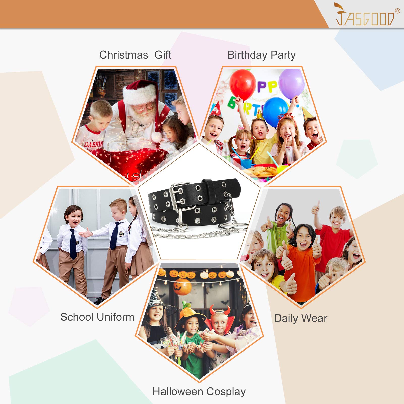 JASGOOD Kids Double Grommet Belt for Girls and Boys, PU Leather Kids Double Studded Holes Belt for Jeans Pants - JASGOOD OFFICIAL