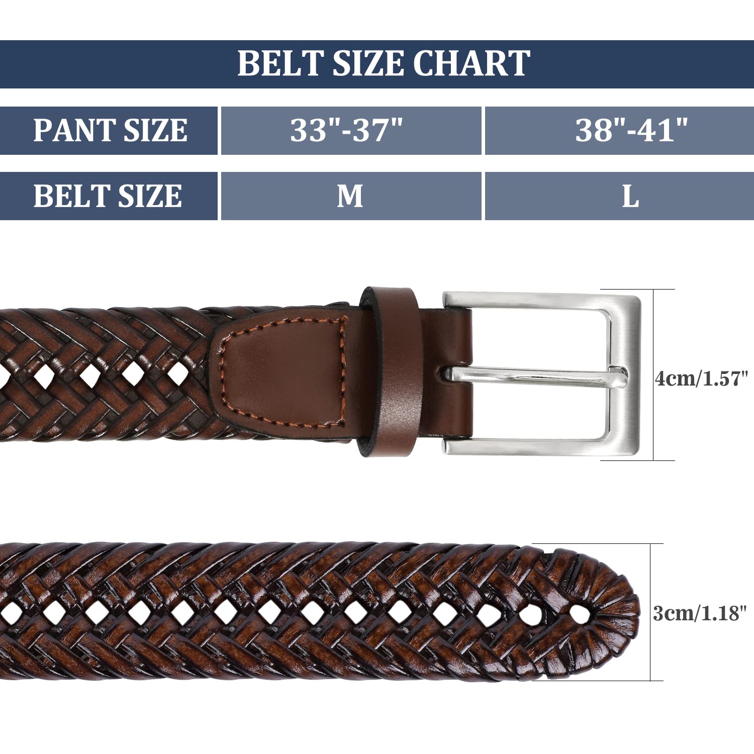 Mens Braided Leather Belt Genuine Cowhide Woven Leather Belt for Casual Jeans Pants with Solid Prong Buckle Christmas Gift - JASGOOD OFFICIAL