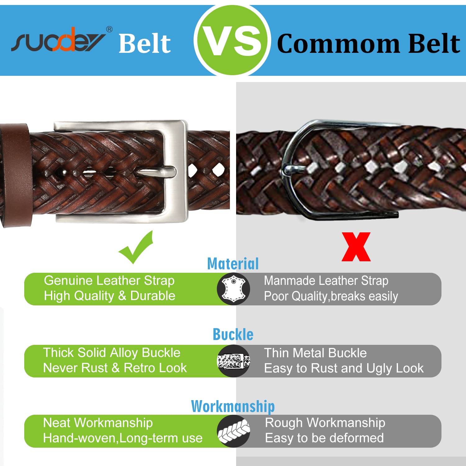 Mens Braided Leather Belt Genuine Cowhide Woven Leather Belt for Casual Jeans Pants with Solid Prong Buckle Christmas Gift - JASGOOD OFFICIAL
