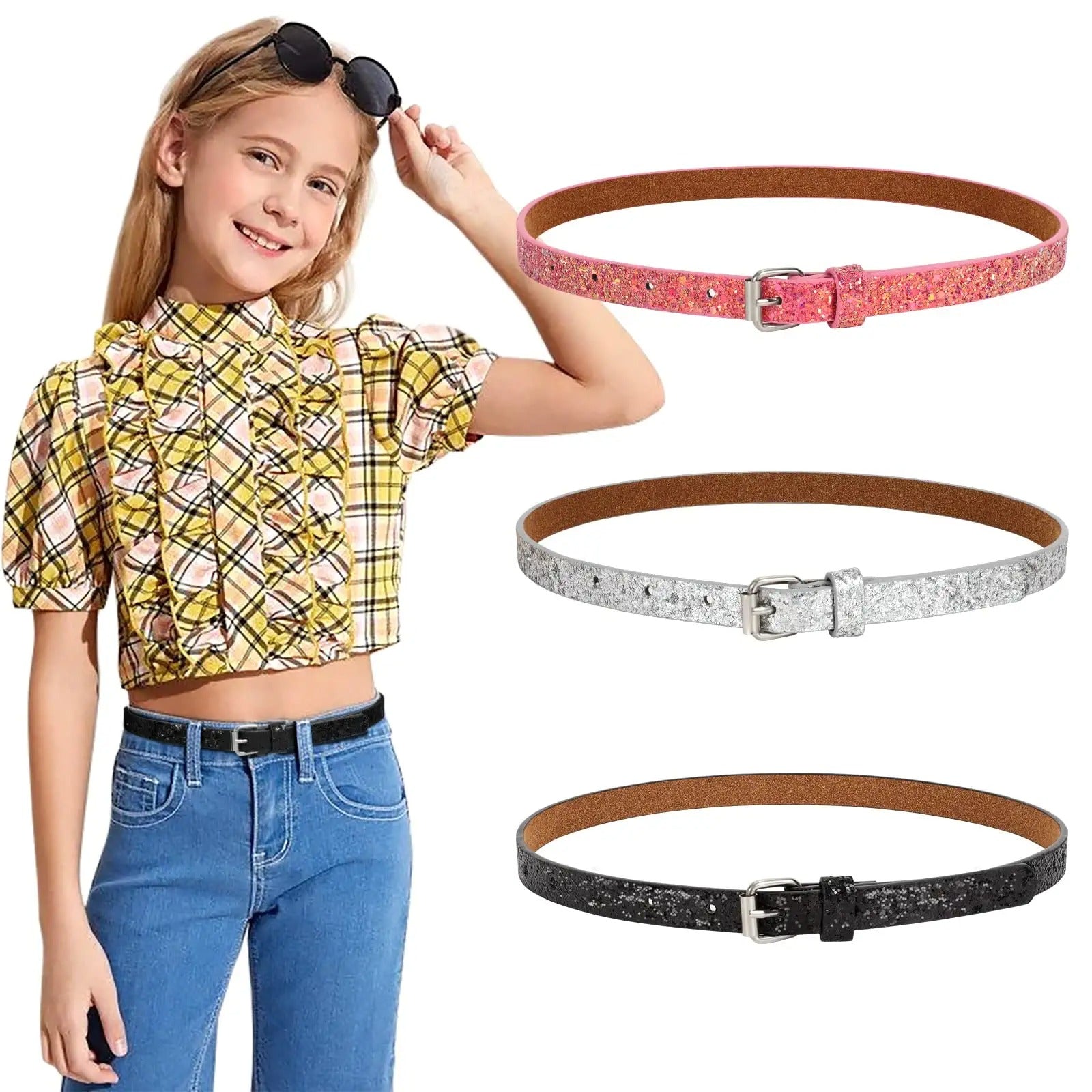4 Pack 3 Pack 2 Pack Kids Belt Fashion Glitter Belt, Cute Shiny PU Leather Belt for Girls and Boys Back to School Gift - JASGOOD OFFICIAL