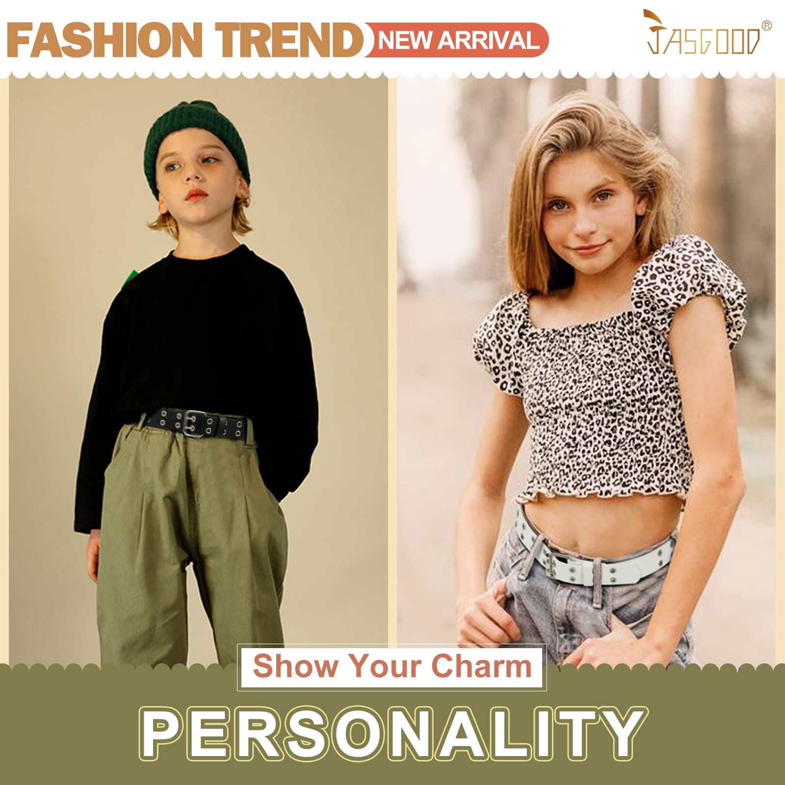 JASGOOD Kids Double Grommet Belt for Girls and Boys, PU Leather Kids Double Studded Holes Belt for Jeans Pants - JASGOOD OFFICIAL