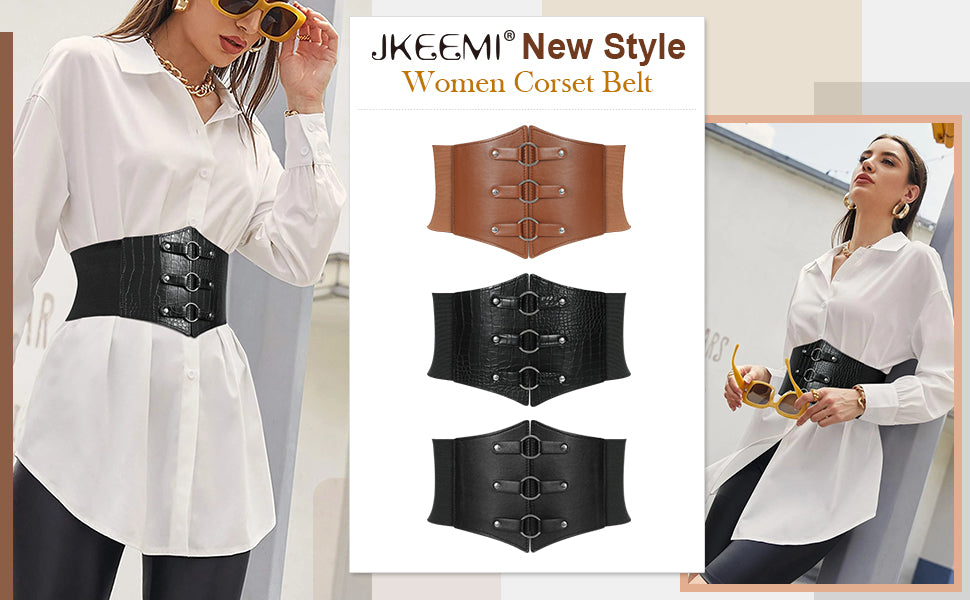 Women Corset Belt Metal O-Ring Decor Wide Elastic Belt for Daily Dress Cosplay Halloween Costumes - JASGOOD OFFICIAL