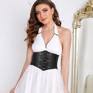 Women Corset Belt Metal O-Ring Decor Wide Elastic Belt for Daily Dress Cosplay Halloween Costumes - JASGOOD OFFICIAL