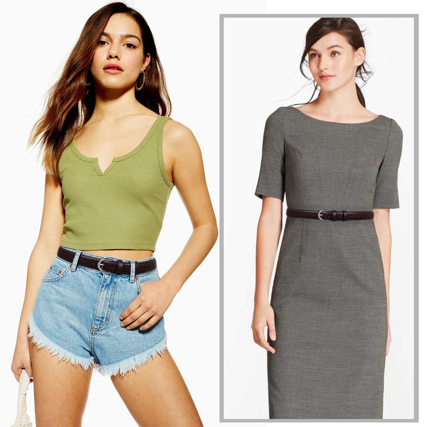 Women Leather Belt Skinny Dress Belt for Jeans Pants with Silver Buckle - JASGOOD OFFICIAL