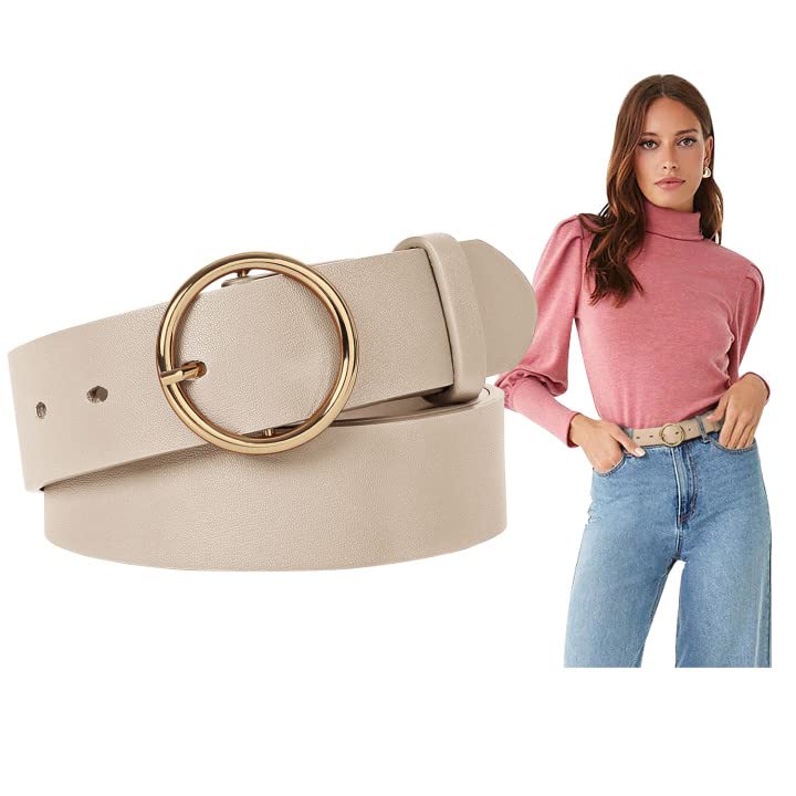 Women Leather Belts Fashion Soft Faux Leather Jeans Belts with O-Ring Buckle