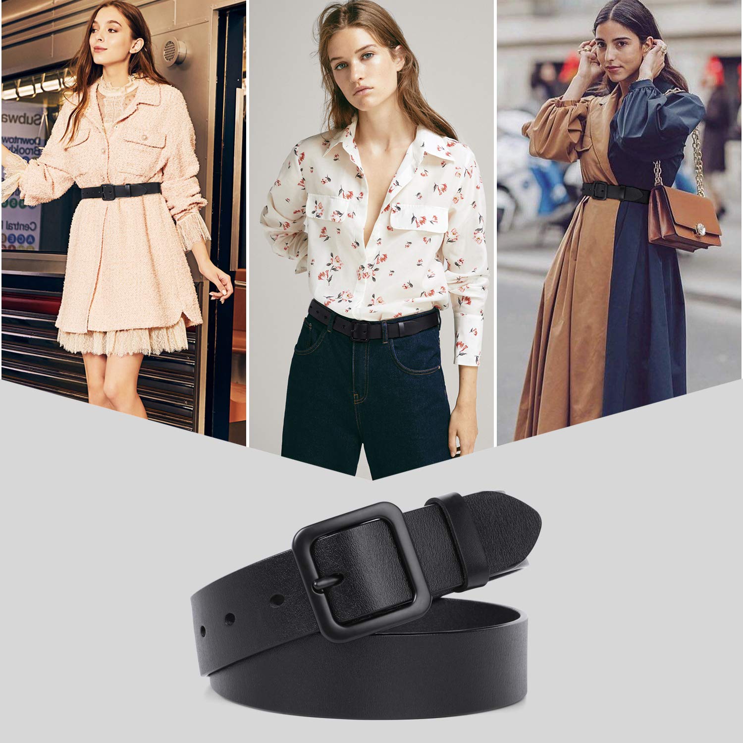 JASGOOD Women's Black Leather Jeans Belt Waist Casual Belt for Pants Shorts with Black Metal Buckle - JASGOOD OFFICIAL