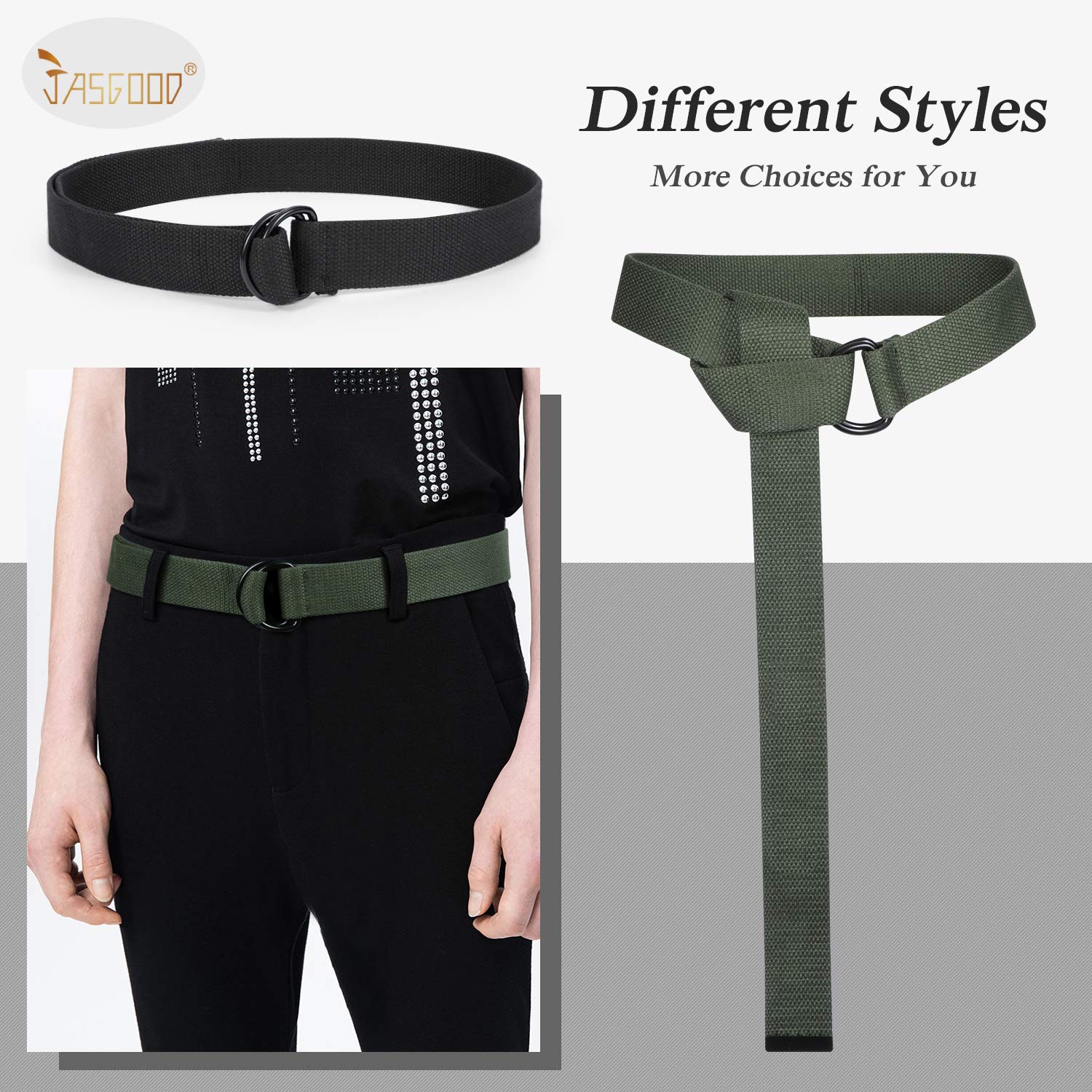 JASGOOD Men Women Canvas Belt Web Fabric Casual Belt with Black Double D-ring 1 1/2" Wide Set of 2 - JASGOOD OFFICIAL