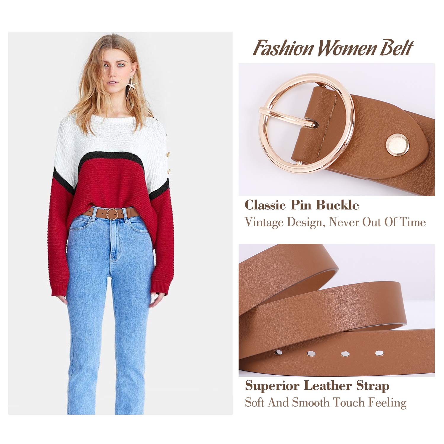 Women Casual Dress Belt Fashion Leather Belt with O Ring Buckle for Jeans Pants - JASGOOD OFFICIAL