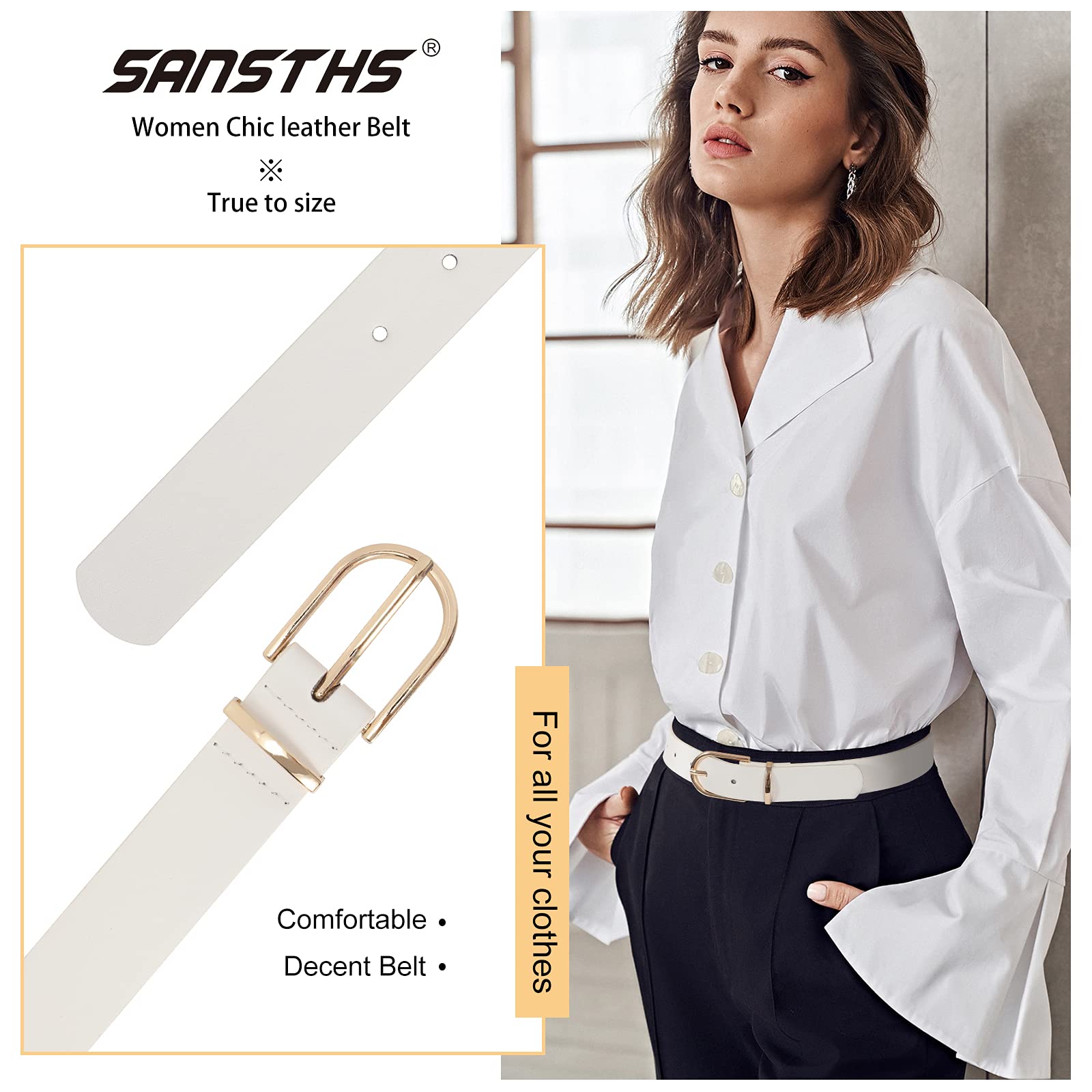 Women Leather belt Faux leather Chic Belt for Jeans Solid Color with Long Gold Curved Pin Buckle - JASGOOD OFFICIAL