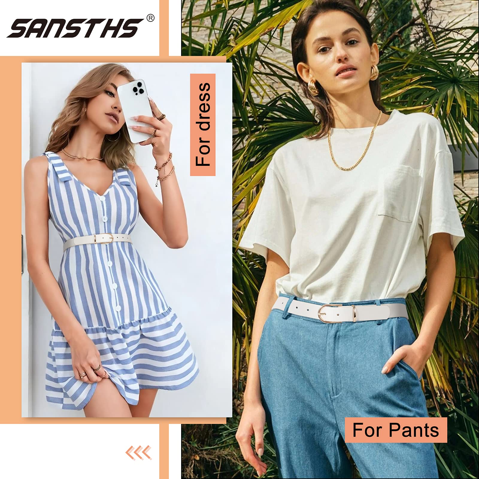 Women Leather belt Faux leather Chic Belt for Jeans Solid Color with Long Gold Curved Pin Buckle - JASGOOD OFFICIAL