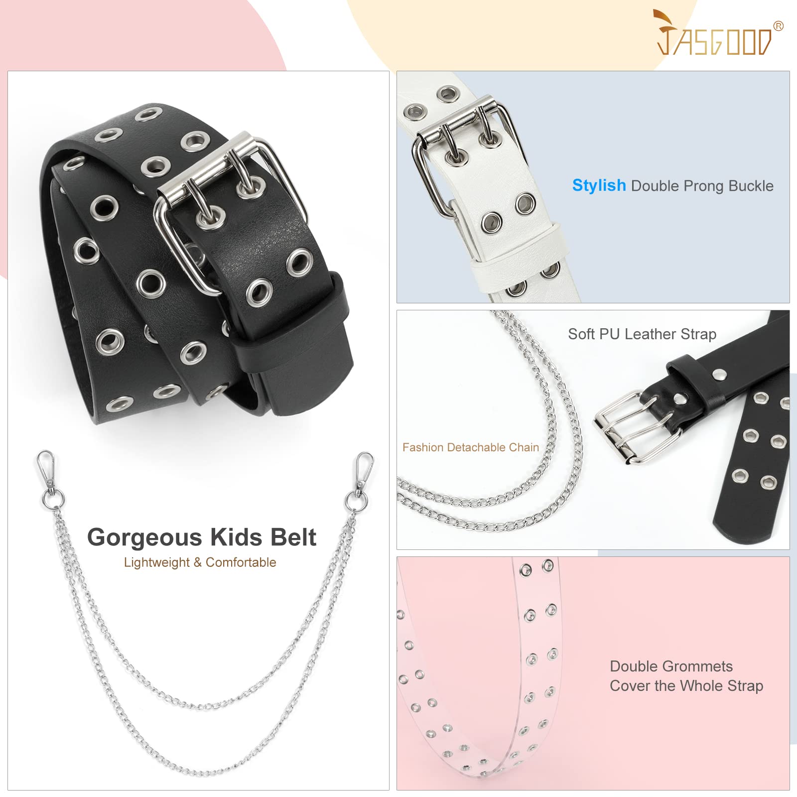 JASGOOD Kids Double Grommet Belt for Girls and Boys, PU Leather Kids Double Studded Holes Belt for Jeans Pants - JASGOOD OFFICIAL