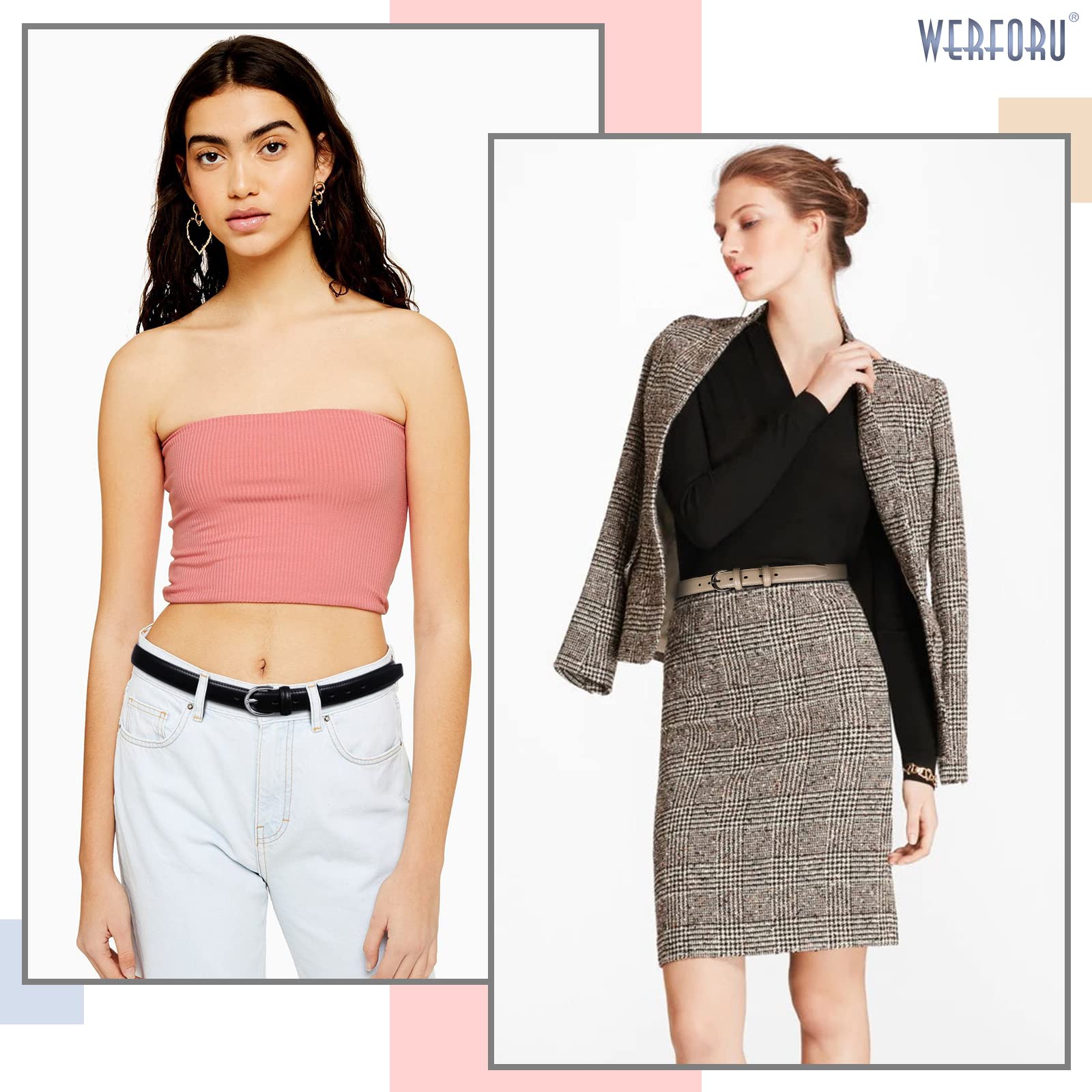 Women Leather Belt Skinny Dress Belt for Jeans Pants with Silver Buckle - JASGOOD OFFICIAL