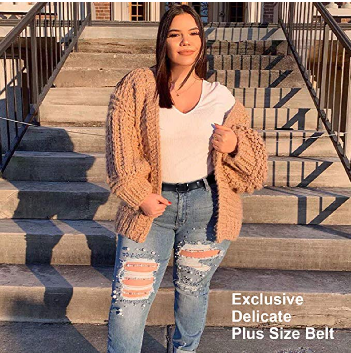 WERFORU Women Black Leather Belt Plus Size Polished Buckle for Jeans Pants