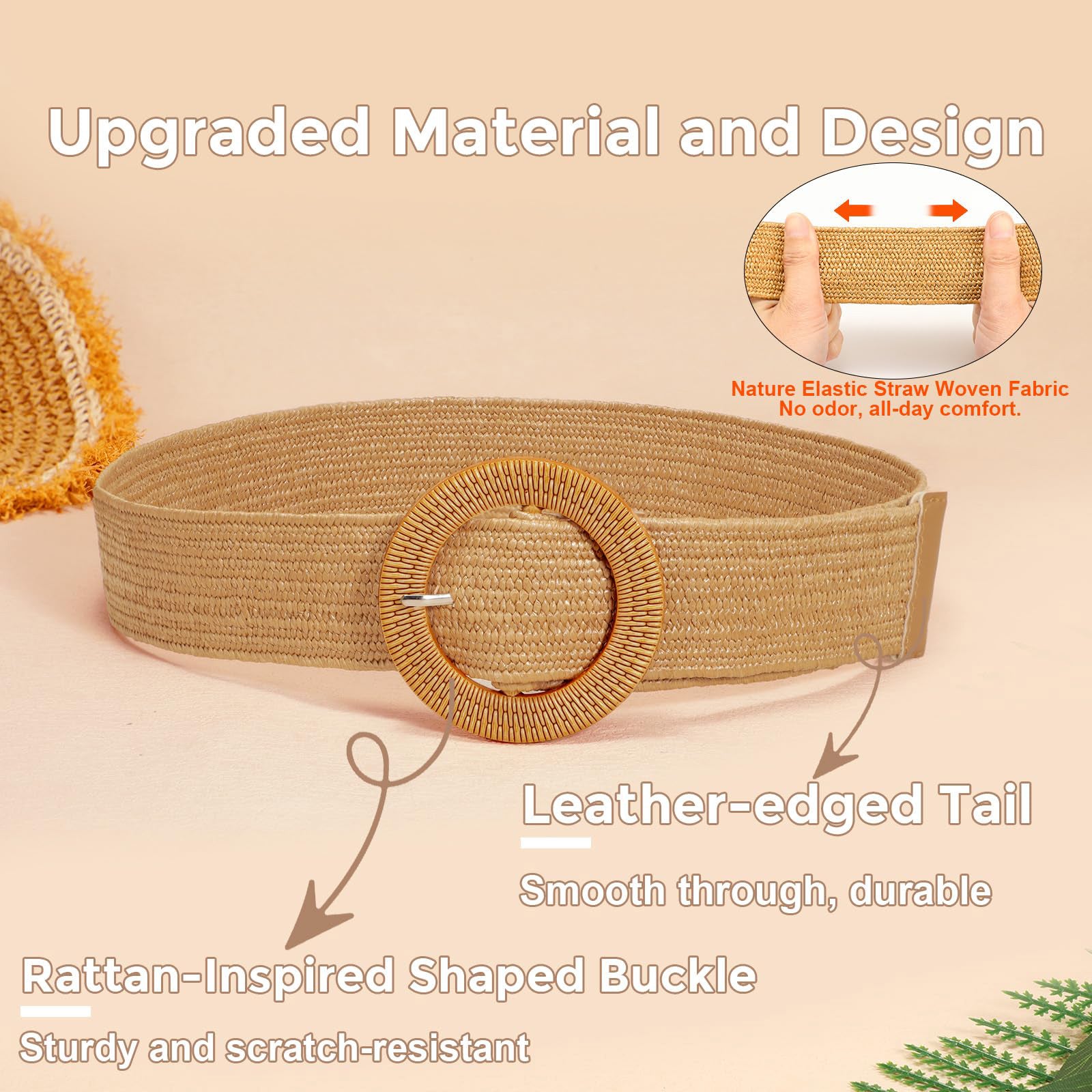 Straw Woven Braided Elastic Belt with Round Buckle - JASGOOD OFFICIAL