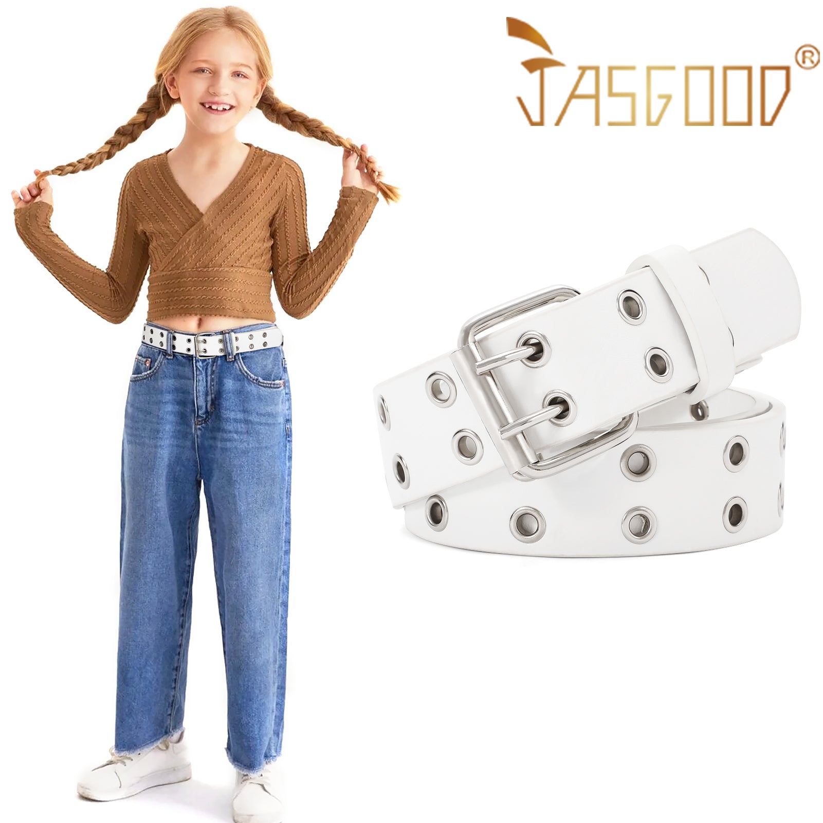 Kids Double Grommet Pu Leather Studded Holes Belt - JASGOOD OFFICIAL
