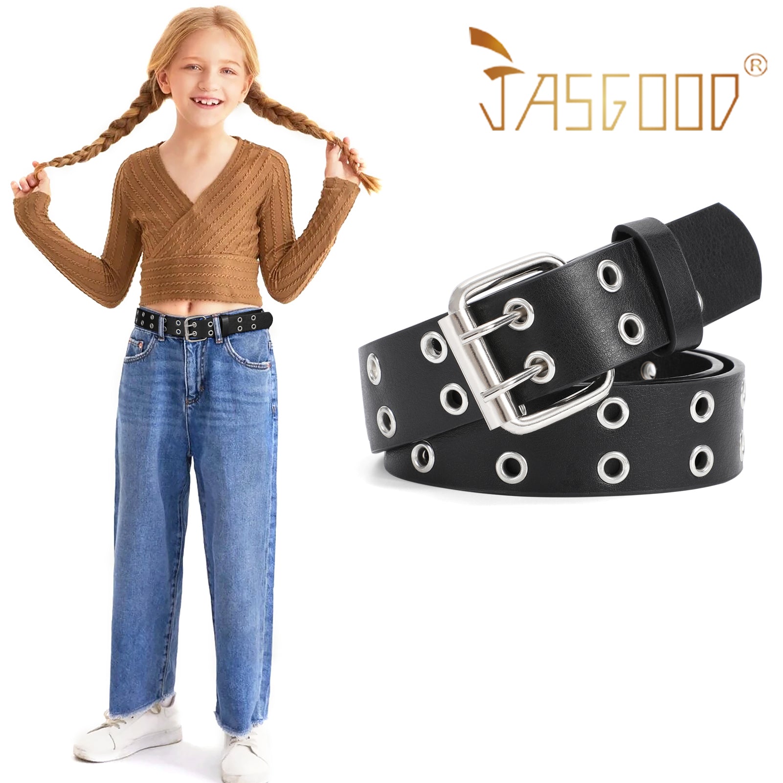 Kids Double Grommet Pu Leather Studded Holes Belt - JASGOOD OFFICIAL
