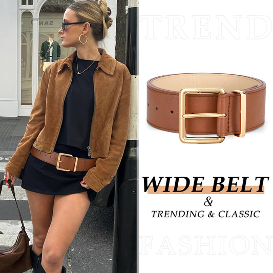 JASGOOD Women Wide Belt for Dresses Thick Leather Belt with Big Gold Buckle Fahion Women Chunky Belt