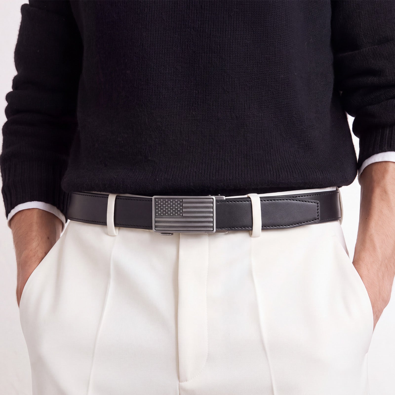 Mens Ratchet Belts Leather 1 3/8" Sliding Belt with American Flag Buckle