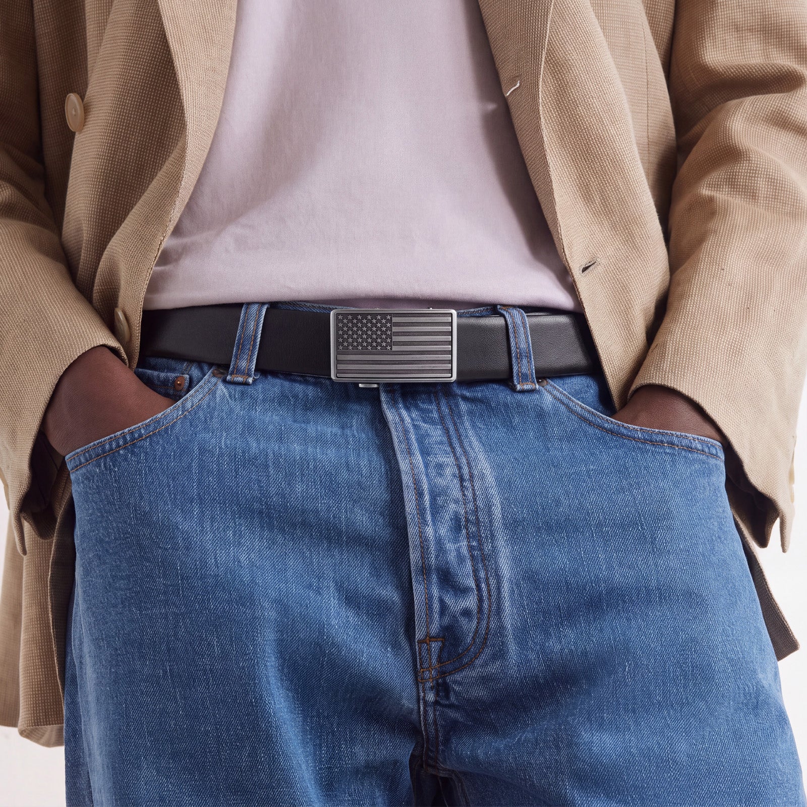 Mens Ratchet Belts Leather 1 3/8" Sliding Belt with American Flag Buckle